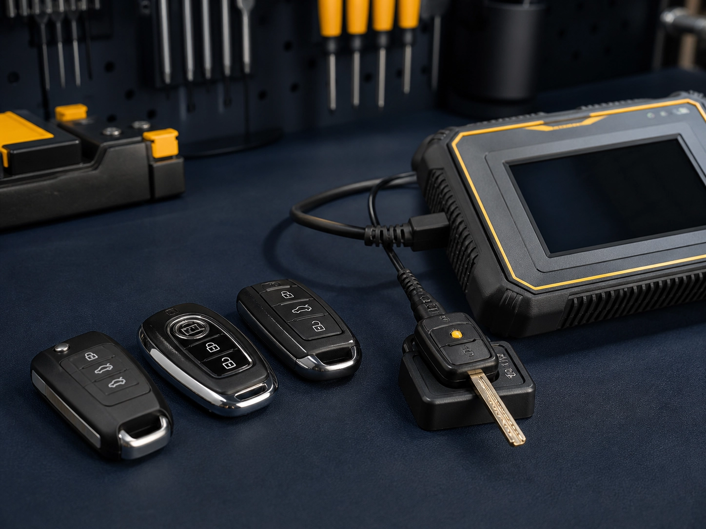 Comandos e chave automóvel junto a equipamento profissional de programação